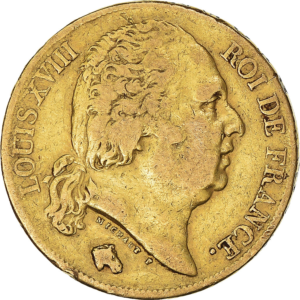 Moeda, França, Louis XVIII, 20 Francs, 1818, Paris, VF(30-35), Dourado