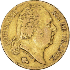 Moeda, França, Louis XVIII, 20 Francs, 1818, Paris, VF(30-35), Dourado