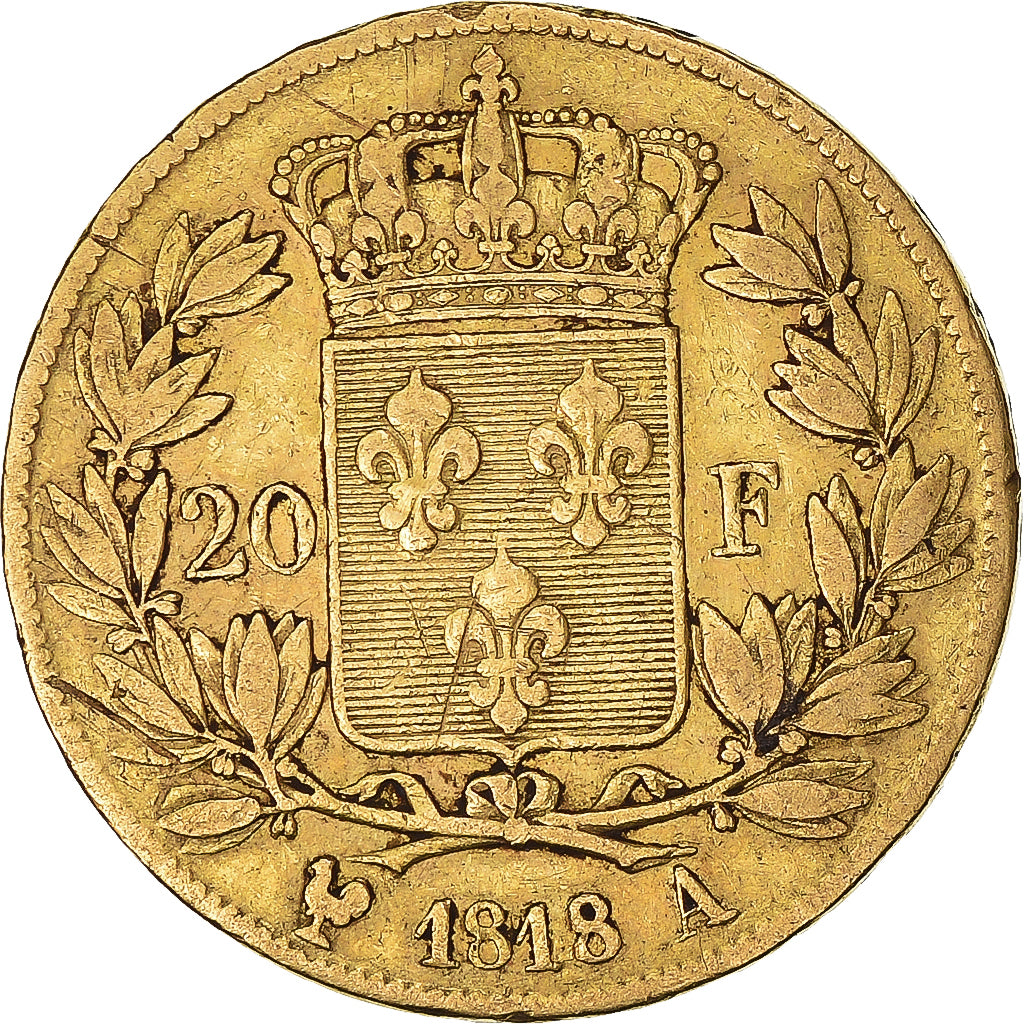 Moeda, França, Louis XVIII, 20 Francs, 1818, Paris, VF(30-35), Dourado