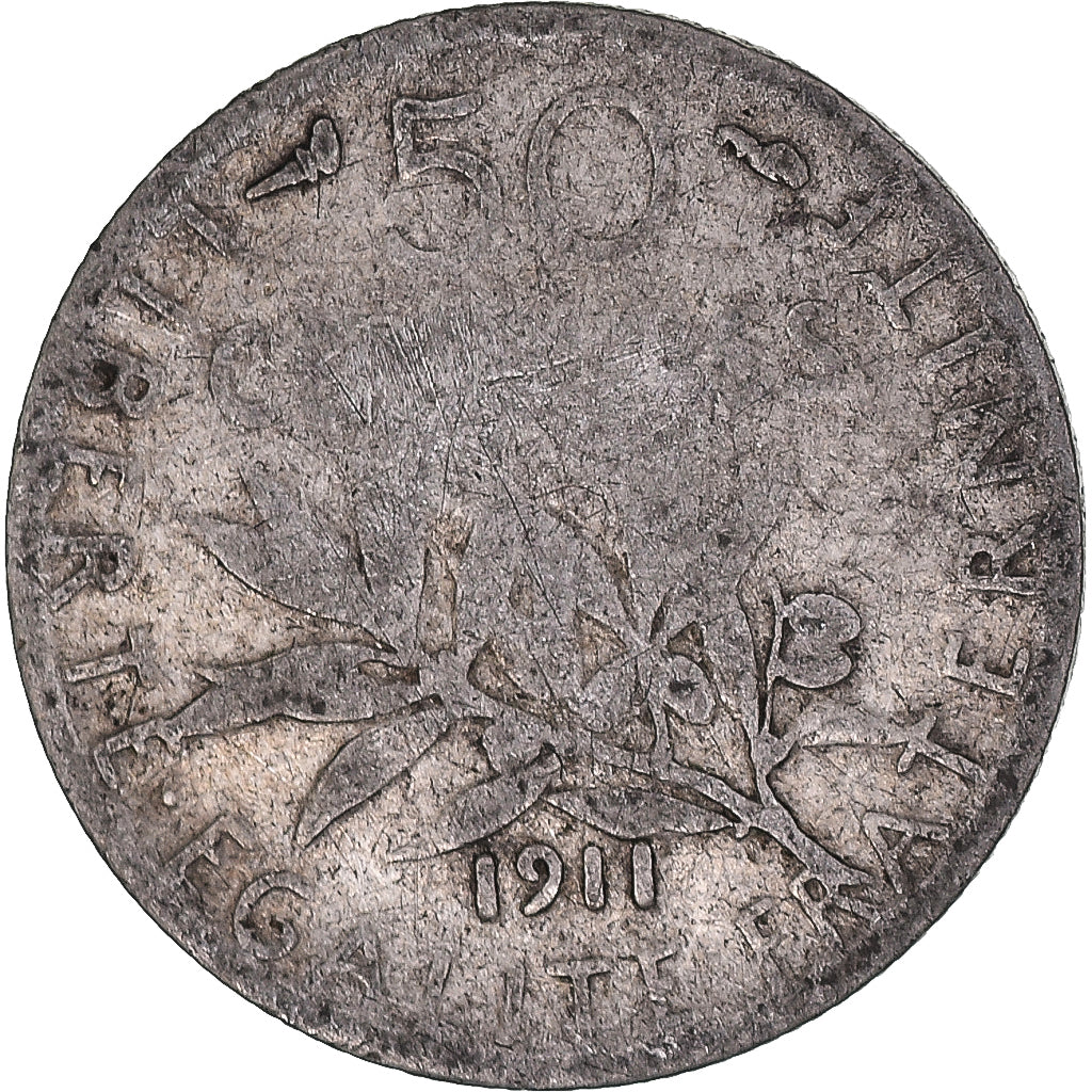 Munten, Frankrijk, Semeuse, 50 Centimes, 1911, Paris, ZG+, Zilver, KM:854