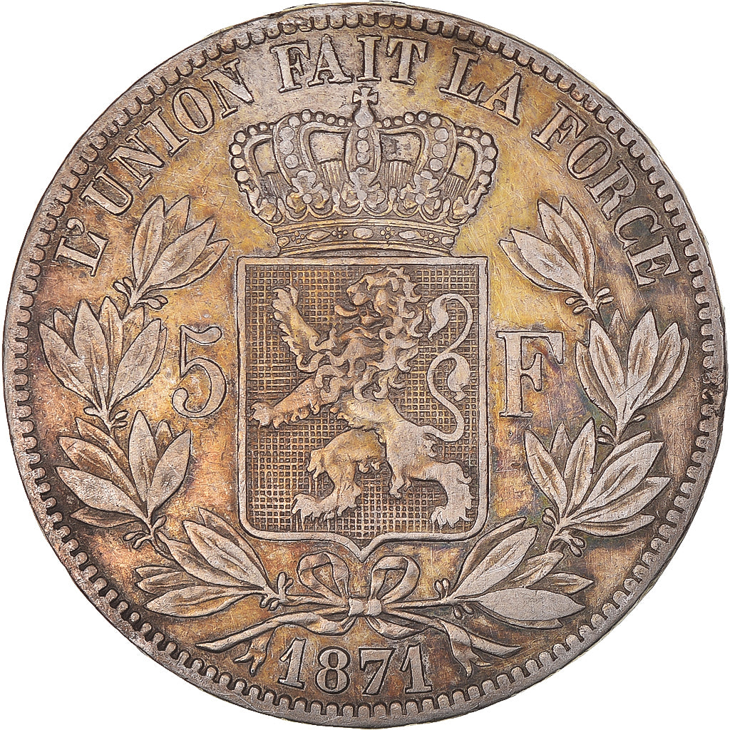Moeda, Bélgica, Leopold II, 5 Francs, 5 Frank, 1871, AU(50-53), Prata, KM:24