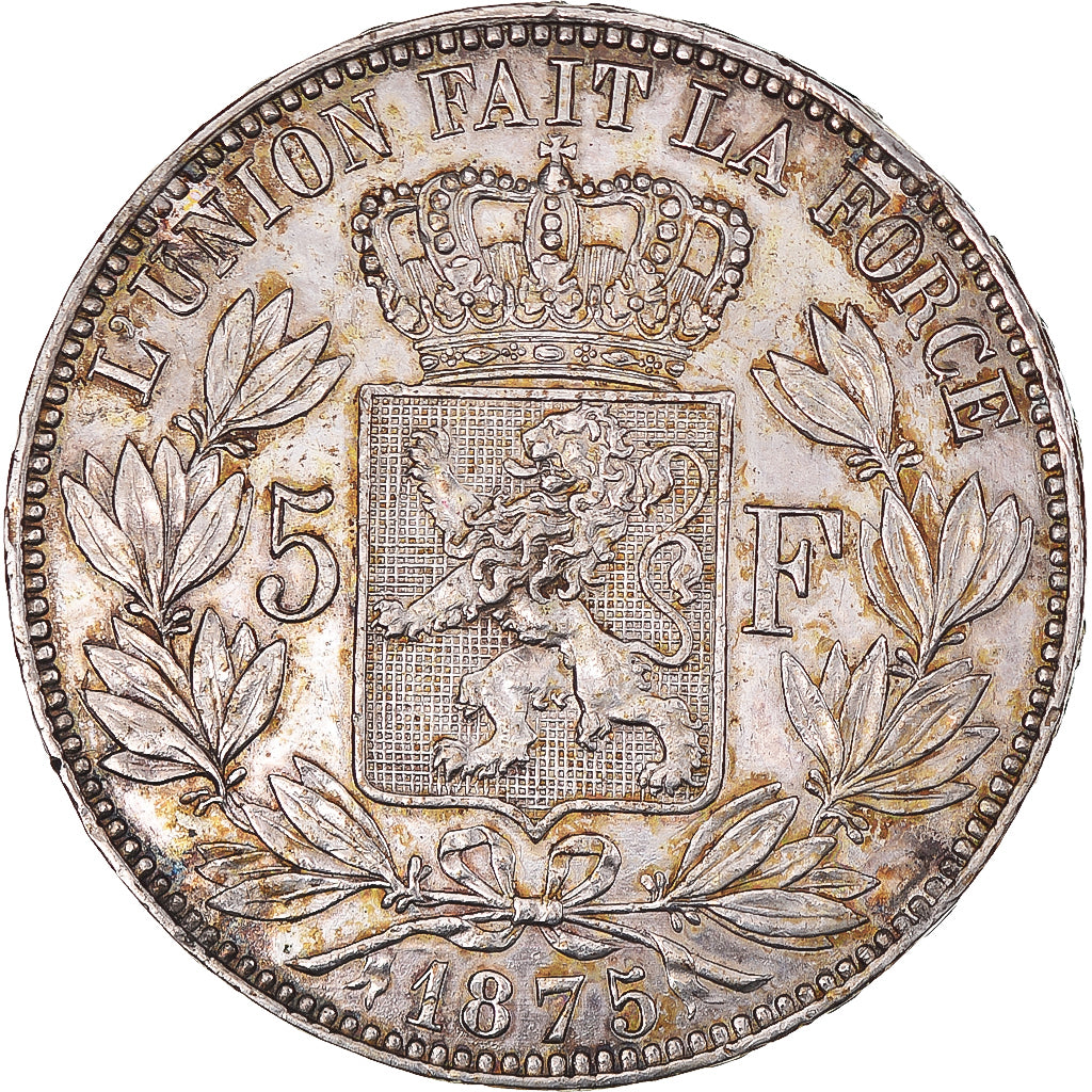 Coin, Belgium, Leopold II, 5 Francs, 5 Frank, 1875, Brussels, AU(50-53), Silver