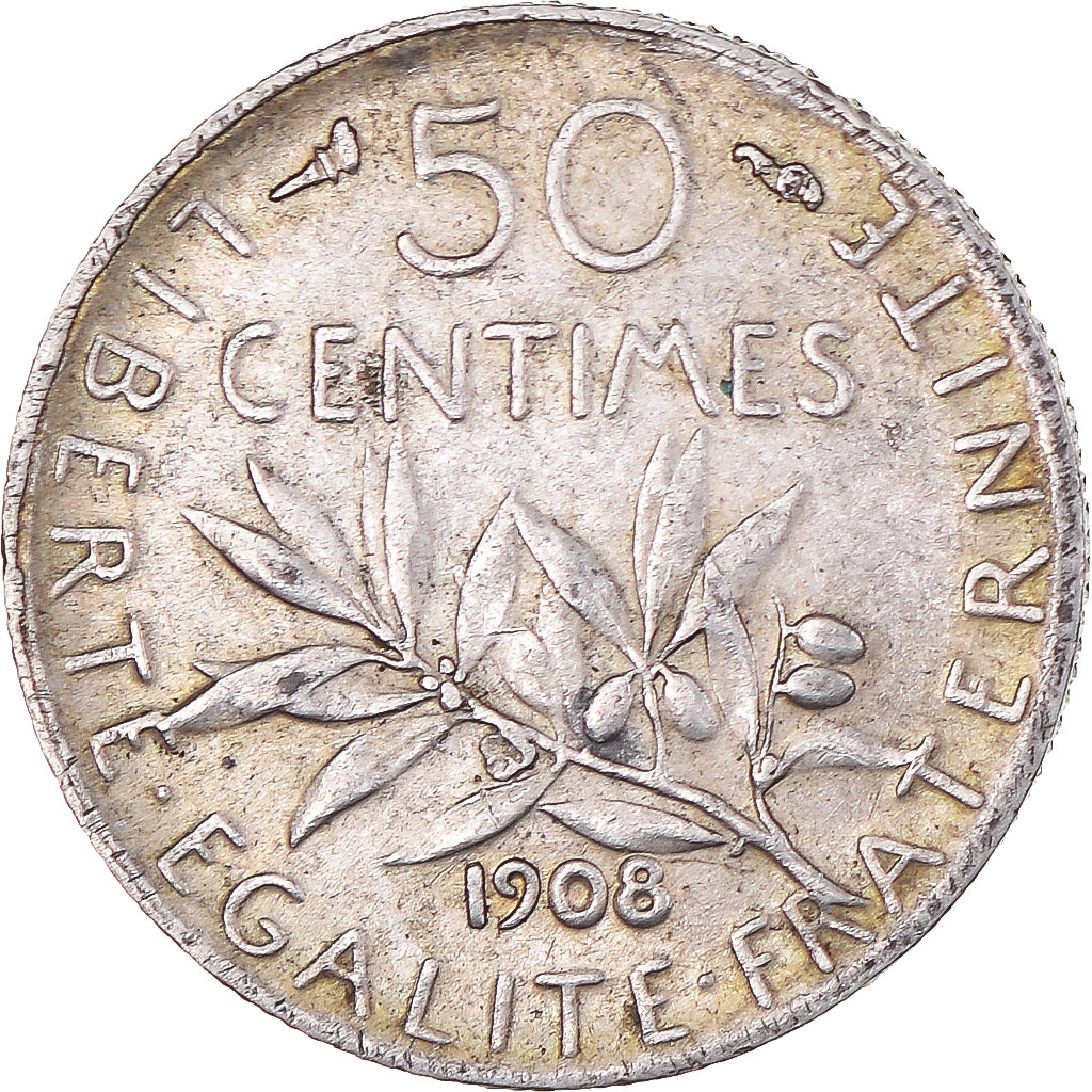 Monnaie, France, Semeuse, 50 Centimes, 1908, Paris, TTB+, Argent, Gadoury:420