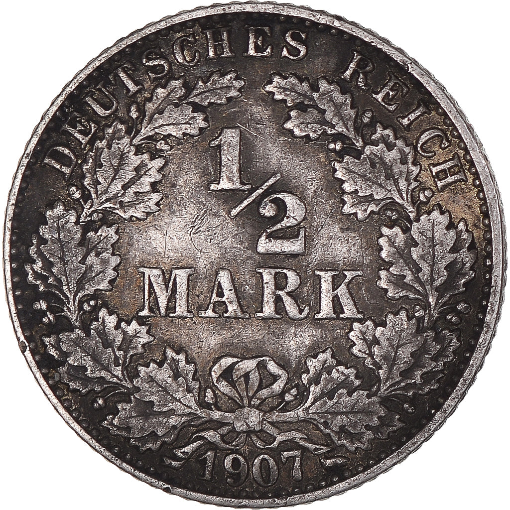Coin, GERMANY - EMPIRE, 1/2 Mark, 1907, Hambourg, EF(40-45), Silver, KM:17