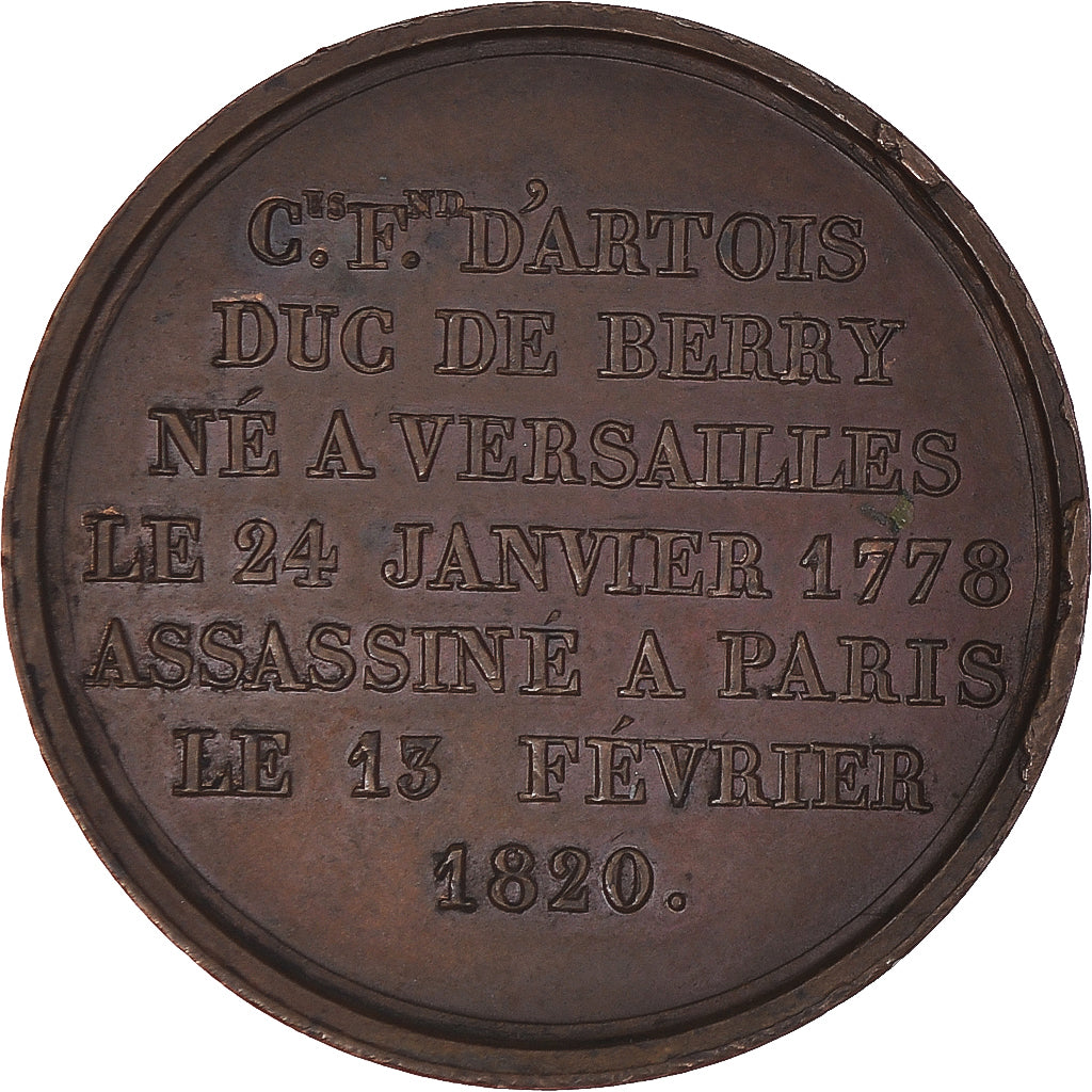 France, Medal, Mort de Charles Ferdinand, Duc de Berry, 1820, AU(55-58), Copper