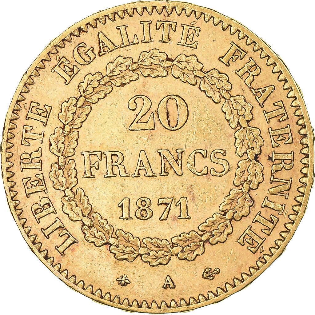 Moeda, França, Génie, 20 Francs, 1871, Paris, AU(50-53), Dourado, KM:825