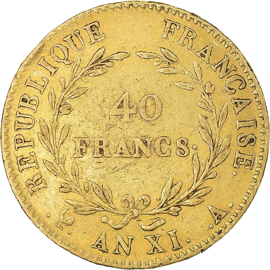 Moeda, França, Napoléon I, 40 Francs, An XI, Paris, VF(30-35), Dourado