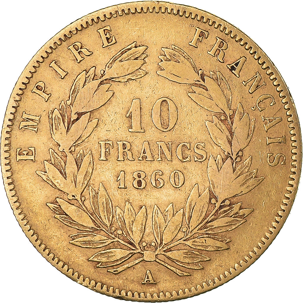 Moneda, Francia, Napoleon III, 10 Francs, 1860, Paris, BC+, Oro, KM:784.3