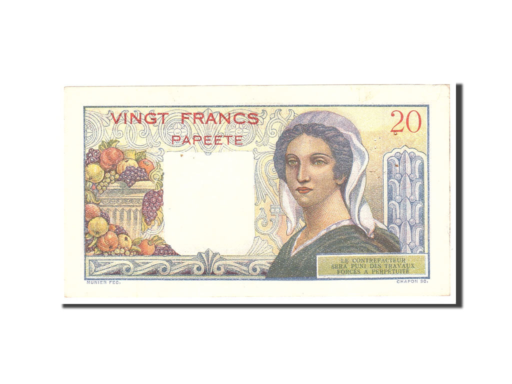Tahiti, 20 Francs, 1951, KM:21a, Undated, AU(50-53)
