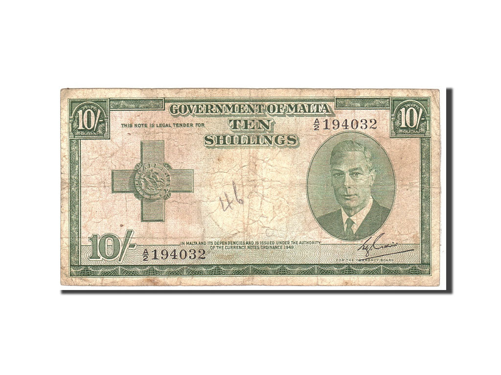 Malta, 10 Shillings, 1949, KM:21, Undated, VG(8-10)
