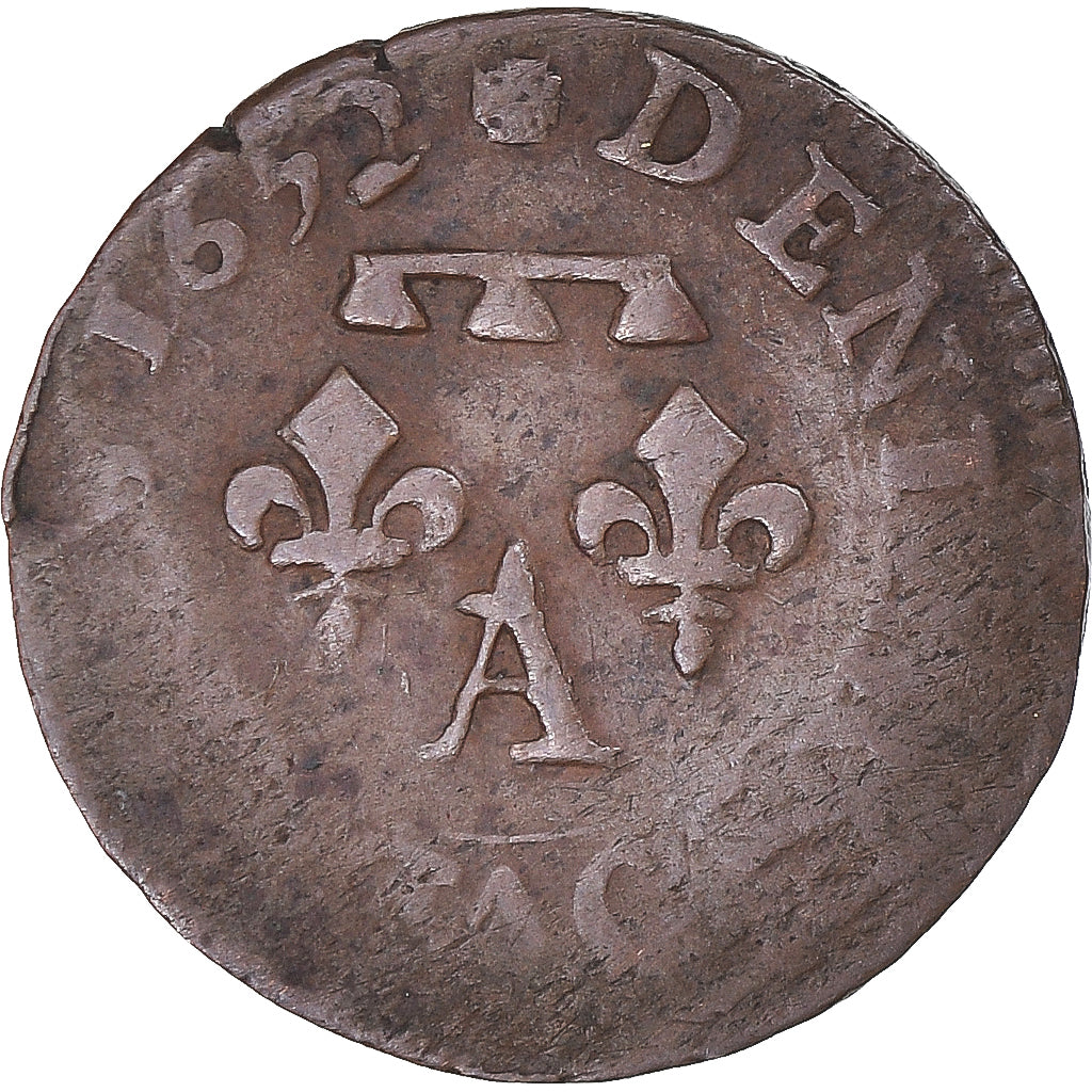Monnaie, France, DOMBES, Gaston d'Orléans, Denier Tournois, 1652, Trévoux