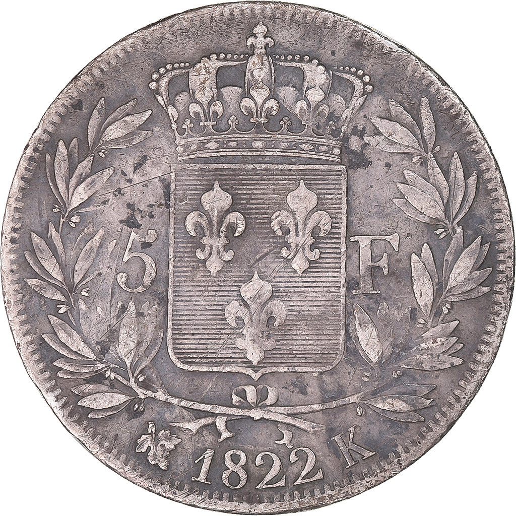 Munten, Frankrijk, Louis XVIII, 5 Francs, 1822, Bordeaux, FR+, Zilver, KM:711.7