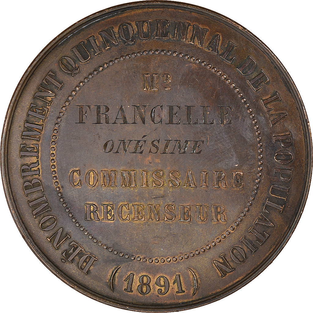 Francia, medalla, Dénombrement Quinquennal, Ville d'Amiens, Society, 1891