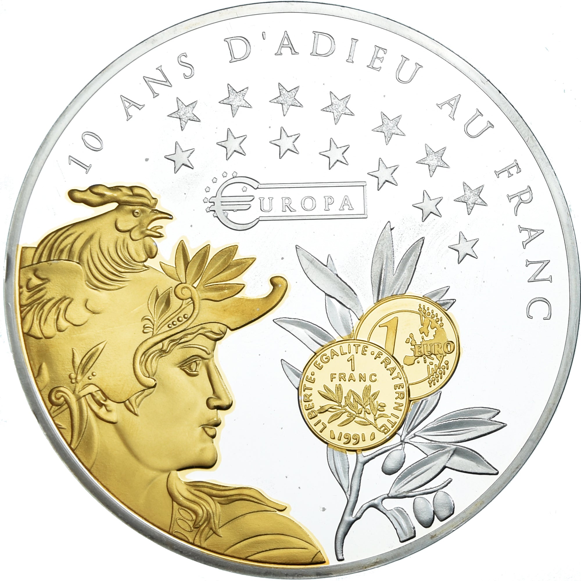 Francja, medal, 10 ans d'adieu au Franc, 500 Francs, Sztuka i Kultura, Undated