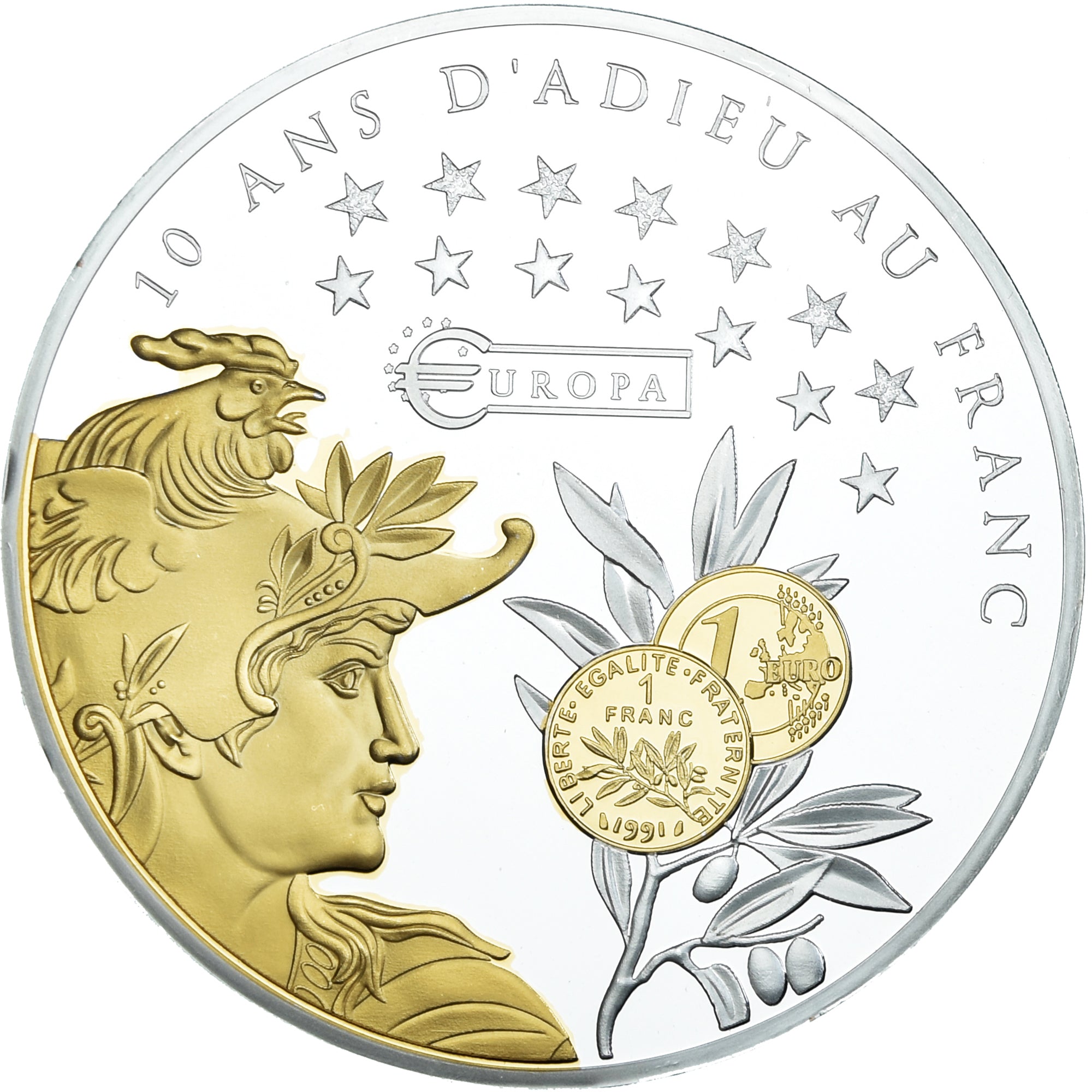 Francia, medalla, 10 ans d'adieu au Franc, Liberté, Égalité, Fraternité