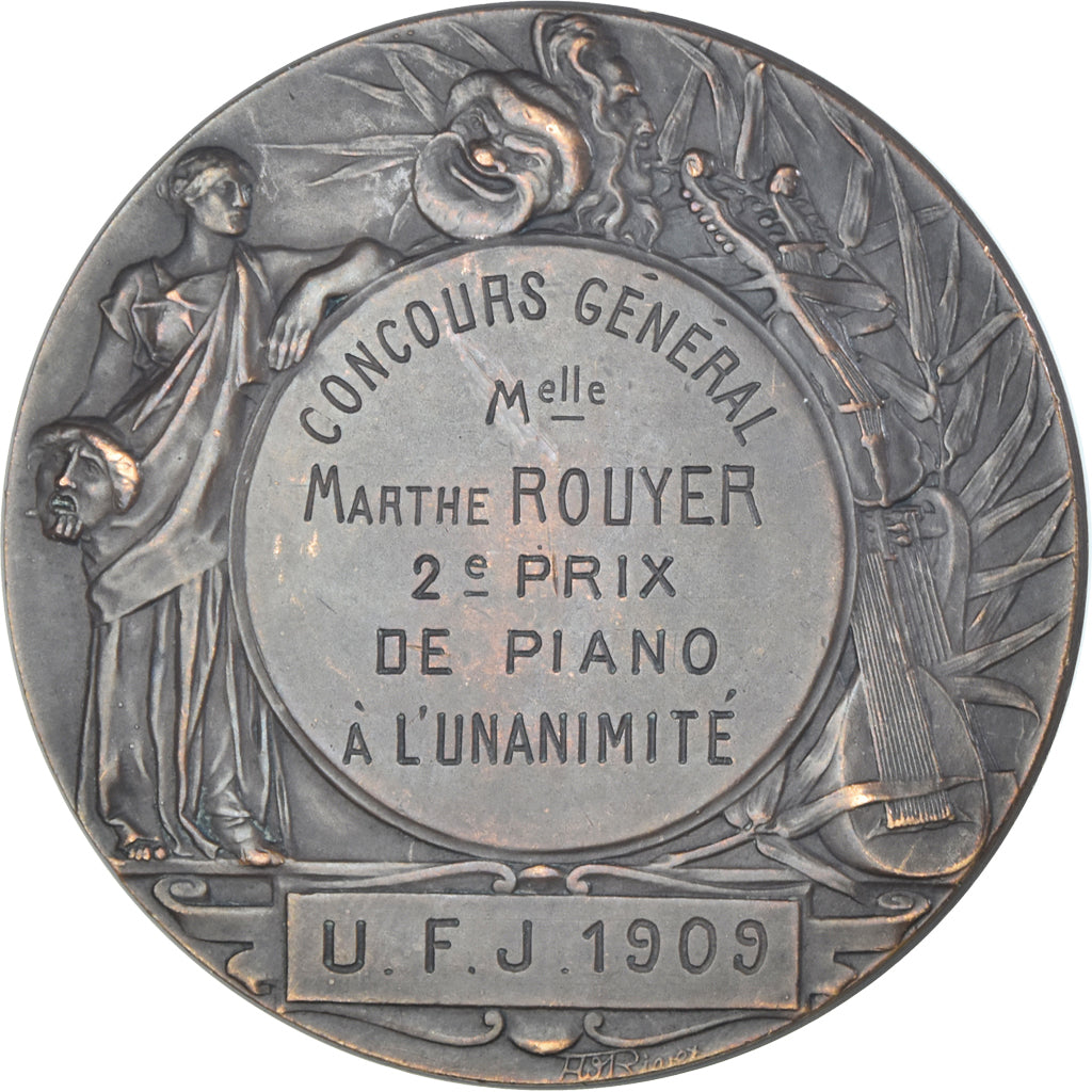 France, Médaille, Concours Général de Piano, Musique, 1909, Rivet, TTB+