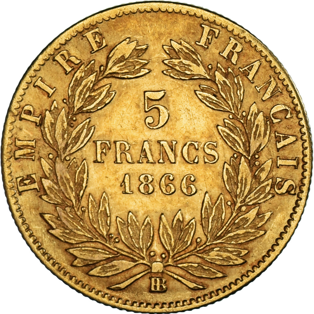 Moneta, Francia, Napoleon III, 5 Francs, 1866, Strasbourg, BB+, Oro, KM:803.2