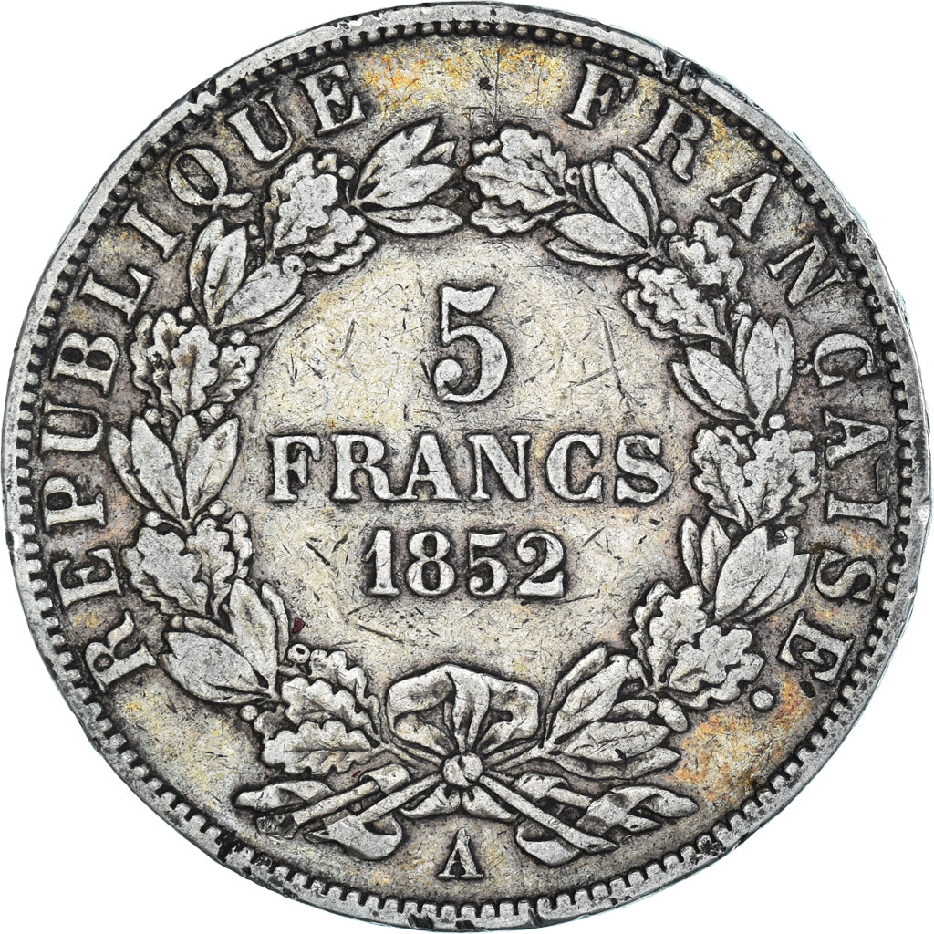 Moneda, Francia, Napoléon III, 5 Francs, 1852, Paris, BC+, Plata, KM:773.1
