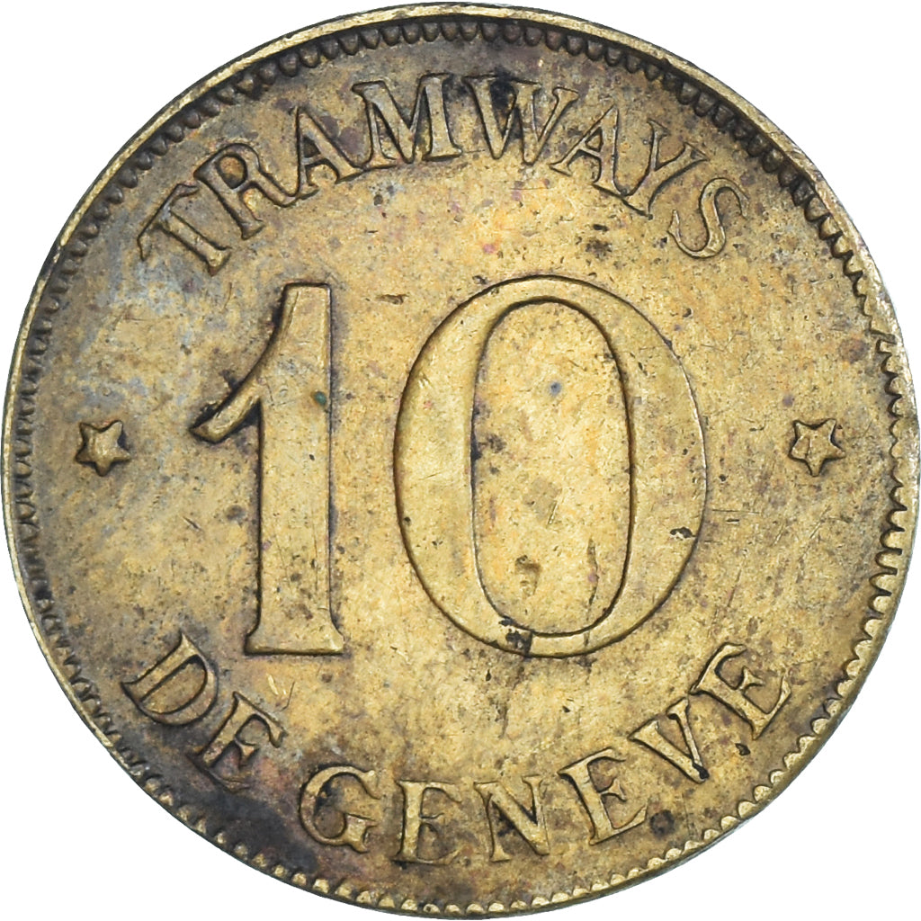 Svizzera, ficha, Tramways de Genève, 10 Centimes, Railway, 1876, BB, Ottone