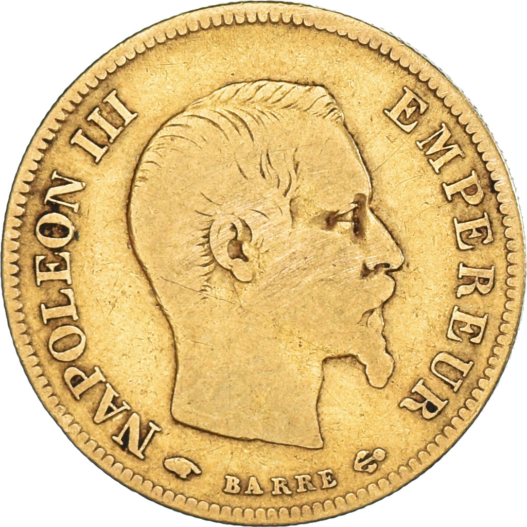 Moneda, Francia, Napoleon III, 10 Francs, 1856, Paris, BC+, Oro, KM:784.3