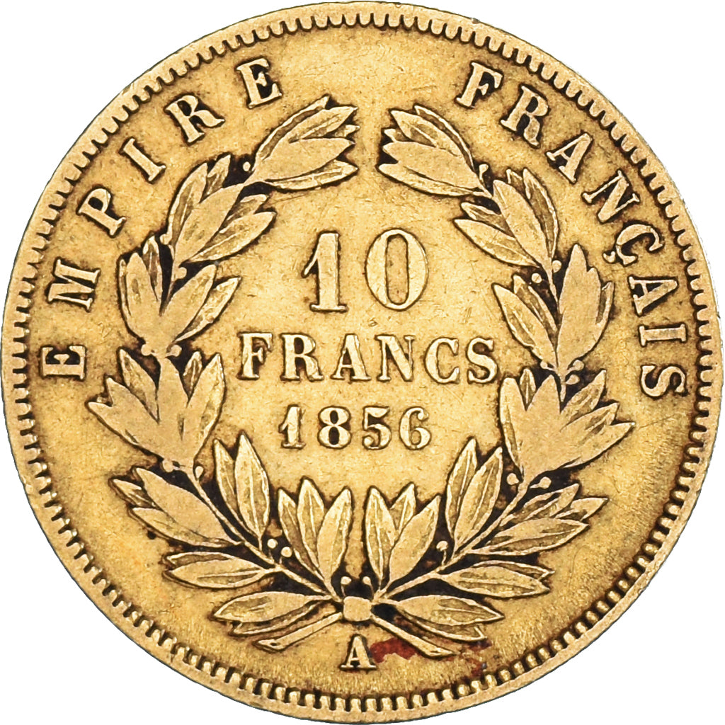 Moneda, Francia, Napoleon III, 10 Francs, 1856, Paris, BC+, Oro, KM:784.3