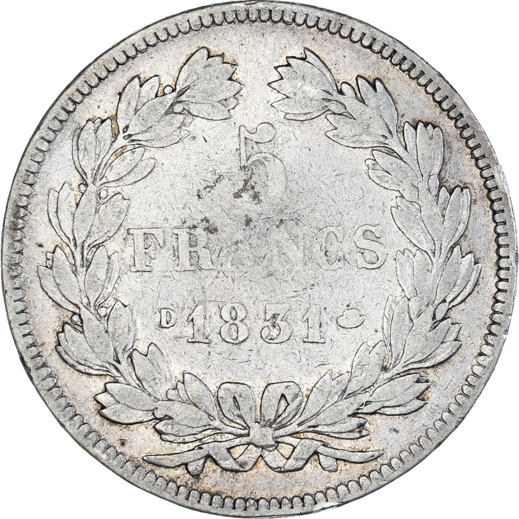 Coin, France, Louis-Philippe, 5 Francs, 1831, Lyon, VF(20-25), Silver, KM:744.2