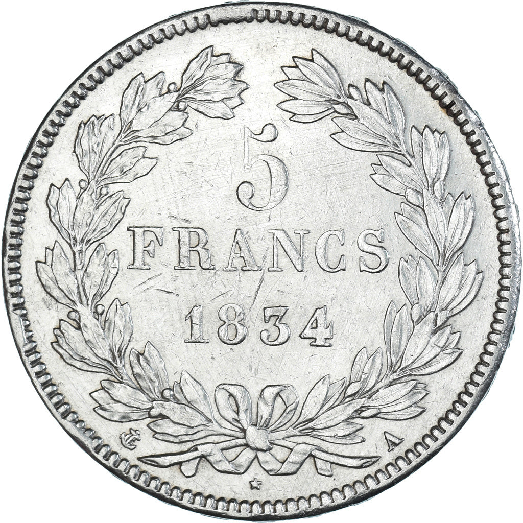 Coin, France, Louis-Philippe, 5 Francs, 1834, Paris, AU(50-53), Silver