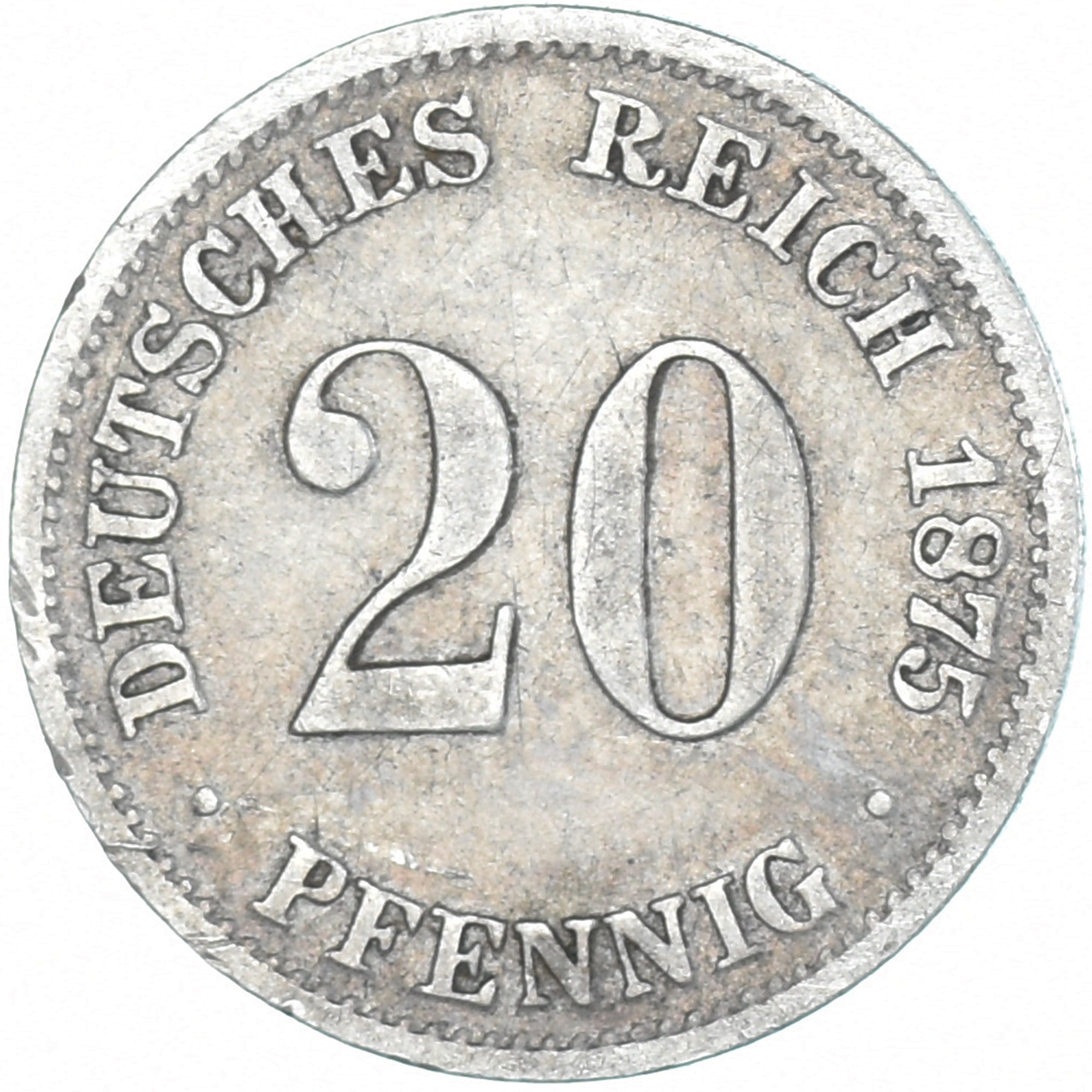 Coin, GERMANY - EMPIRE, 20 Pfennig, 1875, Karlsruhe, VF(30-35), Silver
