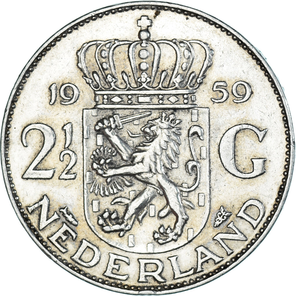 Coin, Netherlands, Juliana, 2-1/2 Gulden, 1959, EF(40-45), Silver, KM:185
