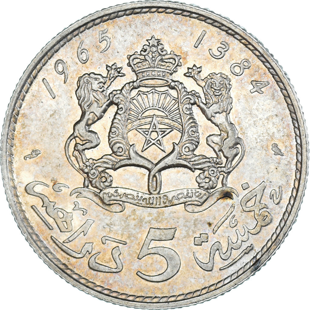 Coin, Morocco, al-Hassan II, 5 Dirhams, 1965/AH1384, Paris, AU(55-58), Silver
