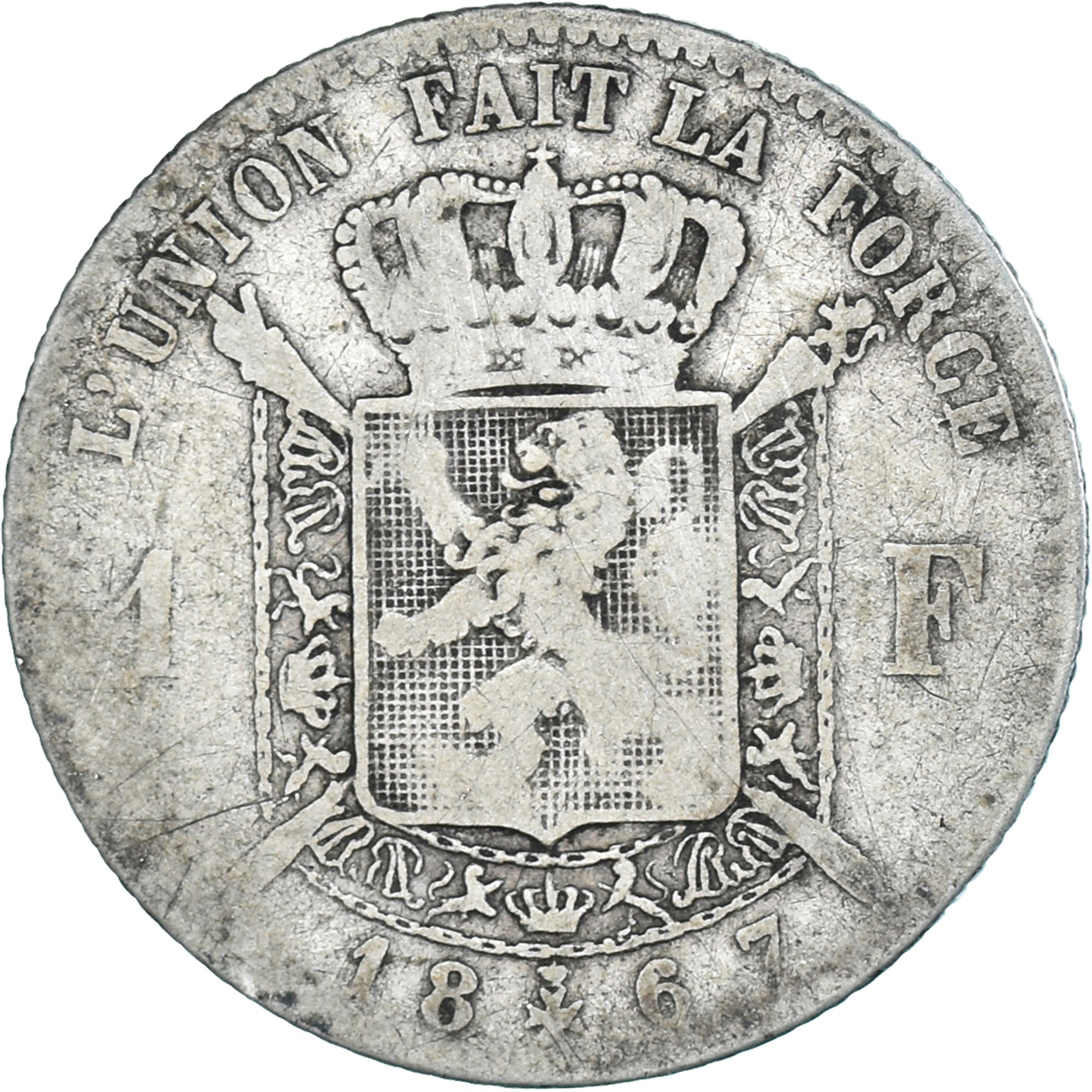 Coin, Belgium, Leopold II, Franc, 1867, Brussels, F(12-15), Silver, KM:28.1