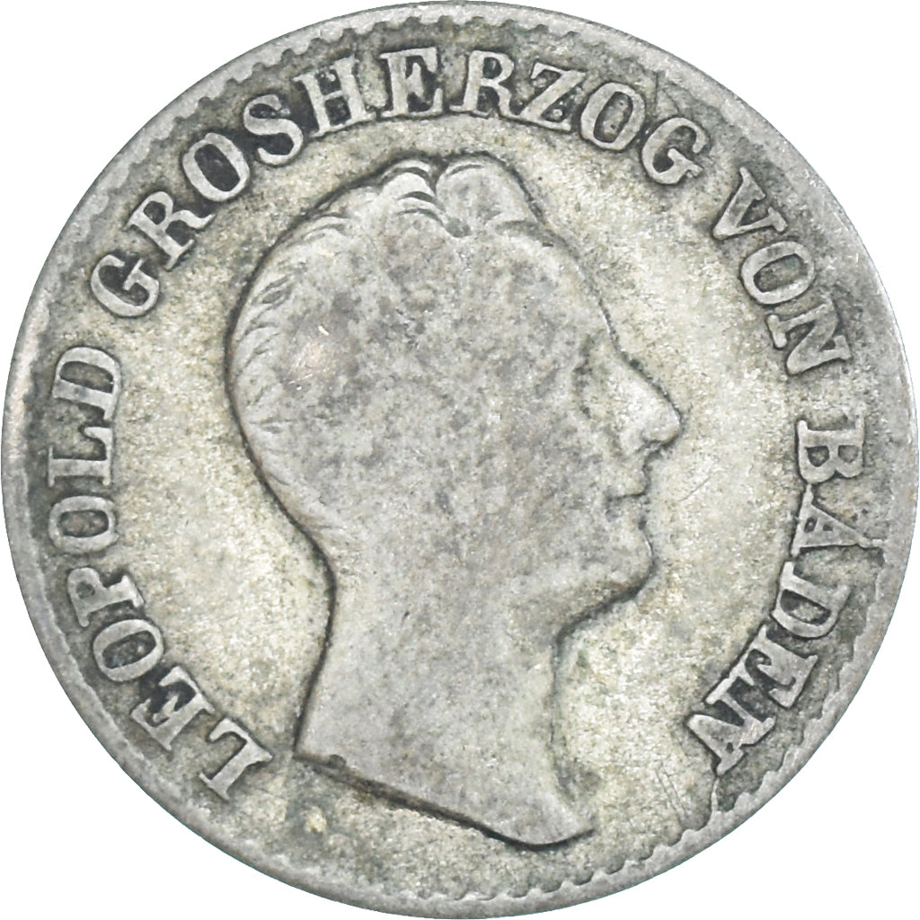 Moneda, Estados alemanes, BADEN, Leopold I, 6 Kreuzer, 1834, BC+, Plata
