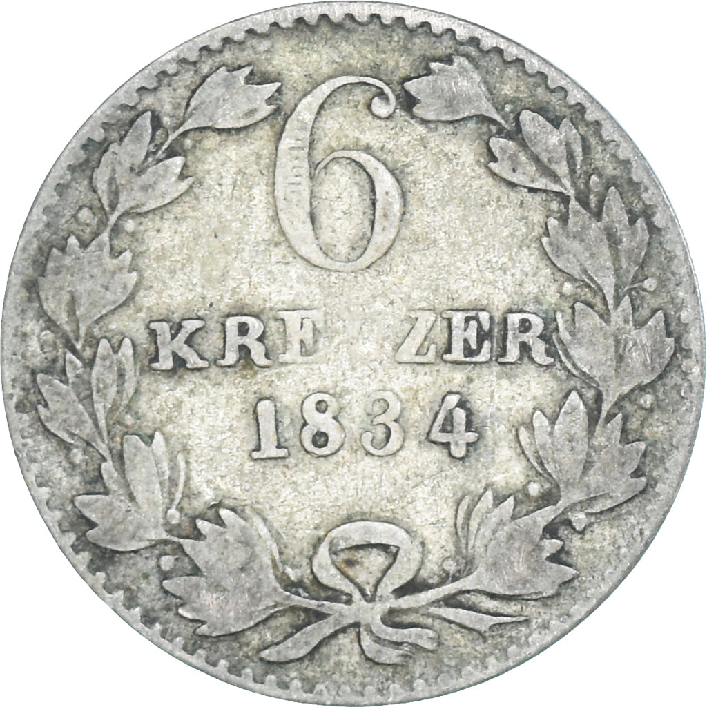 Moneda, Estados alemanes, BADEN, Leopold I, 6 Kreuzer, 1834, BC+, Plata
