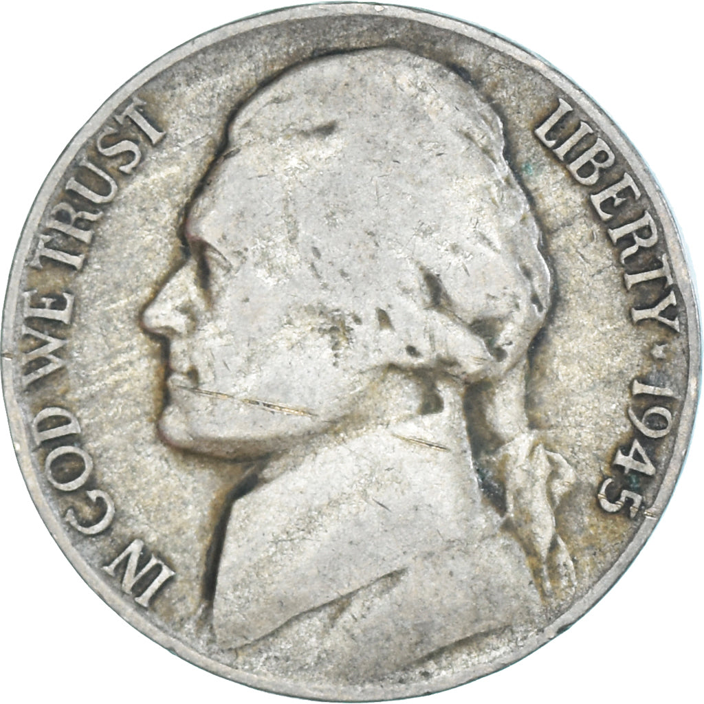 Coin, United States, Jefferson Nickel, 5 Cents, 1945, U.S. Mint, Philadelphia