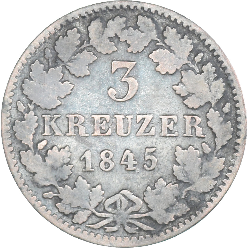 Coin, German States, BADEN, Leopold I, 3 Kreuzer, 1845, VF(20-25), Silver