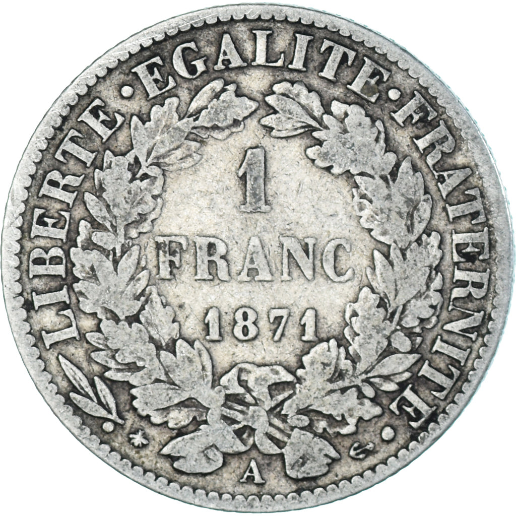 Coin, France, Cérès, Franc, 1871, Paris, VF(20-25), Silver, KM:822.1