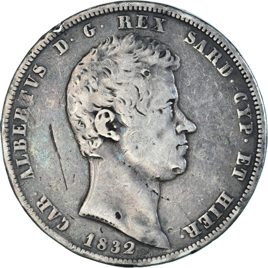 Moeda, ESTADOS ITALIANOS, SARDINIA, Carlo Alberto, 5 Lire, 1832, Genoa