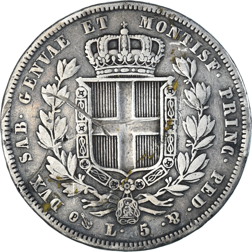 Moeda, ESTADOS ITALIANOS, SARDINIA, Carlo Alberto, 5 Lire, 1832, Genoa