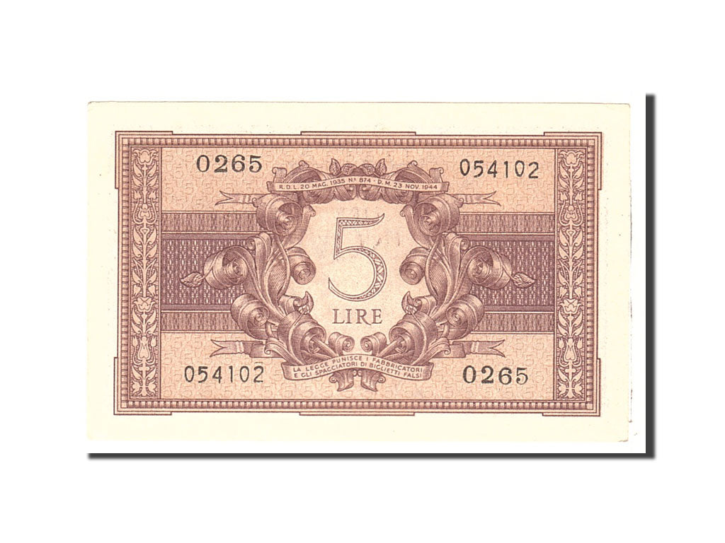 Italy, 5 Lire, 1944, KM:31b, 1944-11-23, UNC(63)