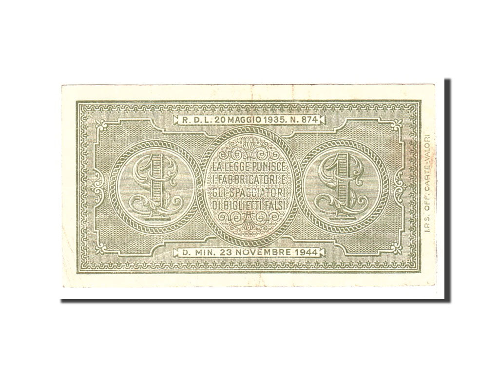 Banknote, Italy, 1 Lira, 1944, Undated, KM:29b, EF(40-45)