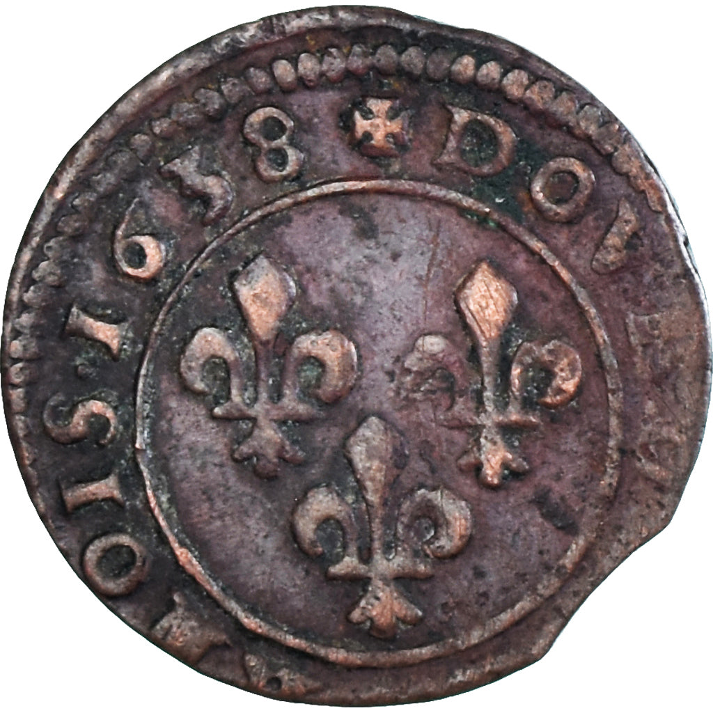 Moeda, França, Louis XIII, Double Tournois, 1638, VF(30-35), Cobre, Gadoury:11