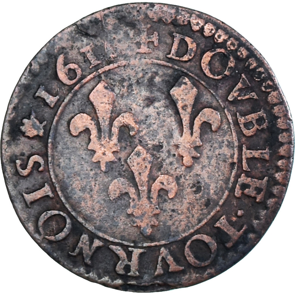 Moneta, Francja, Louis XIII, Double Tournois, 1611, Toulouse, VF(20-25), Miedź