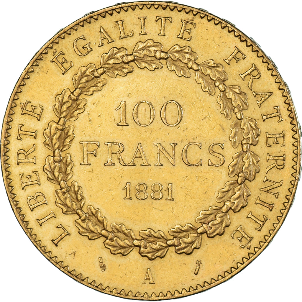 Moneda, Francia, Génie, 100 Francs, 1881, Paris, MBC+, Oro, KM:832