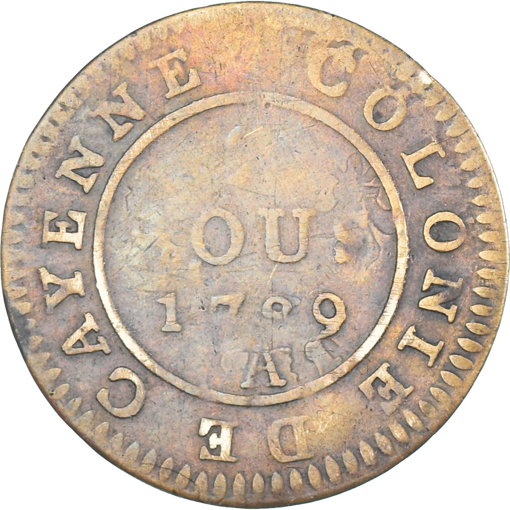 Coin, FRENCH GUIANA, 2 Sous, 1789, Paris, VF(30-35), Billon, KM:1, Lecompte:20