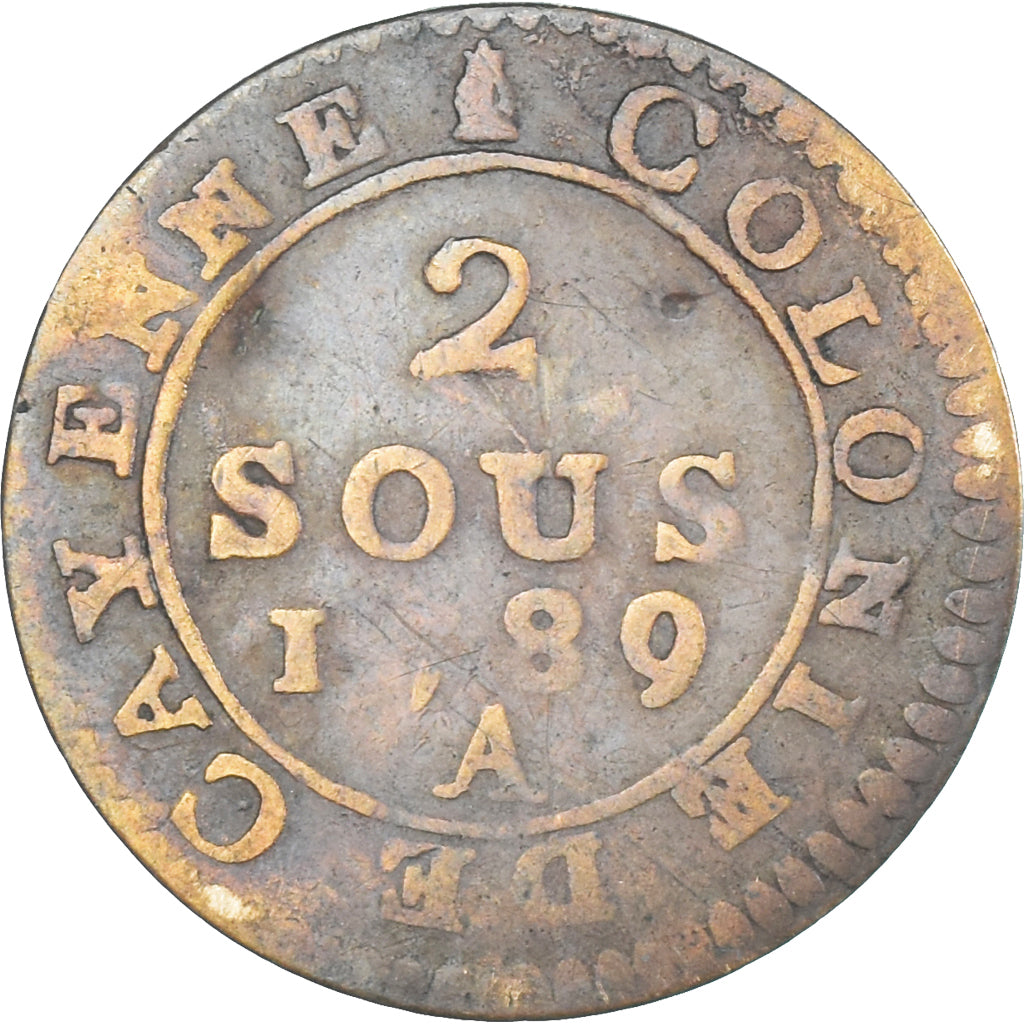 Coin, FRENCH GUIANA, 2 Sous, 1789, Paris, VF(30-35), Billon, KM:1, Lecompte:20
