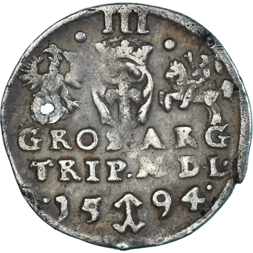 Monnaie, Pologne, Sigismund III, 3 Groschen, 1594, Riga, TB, Billon