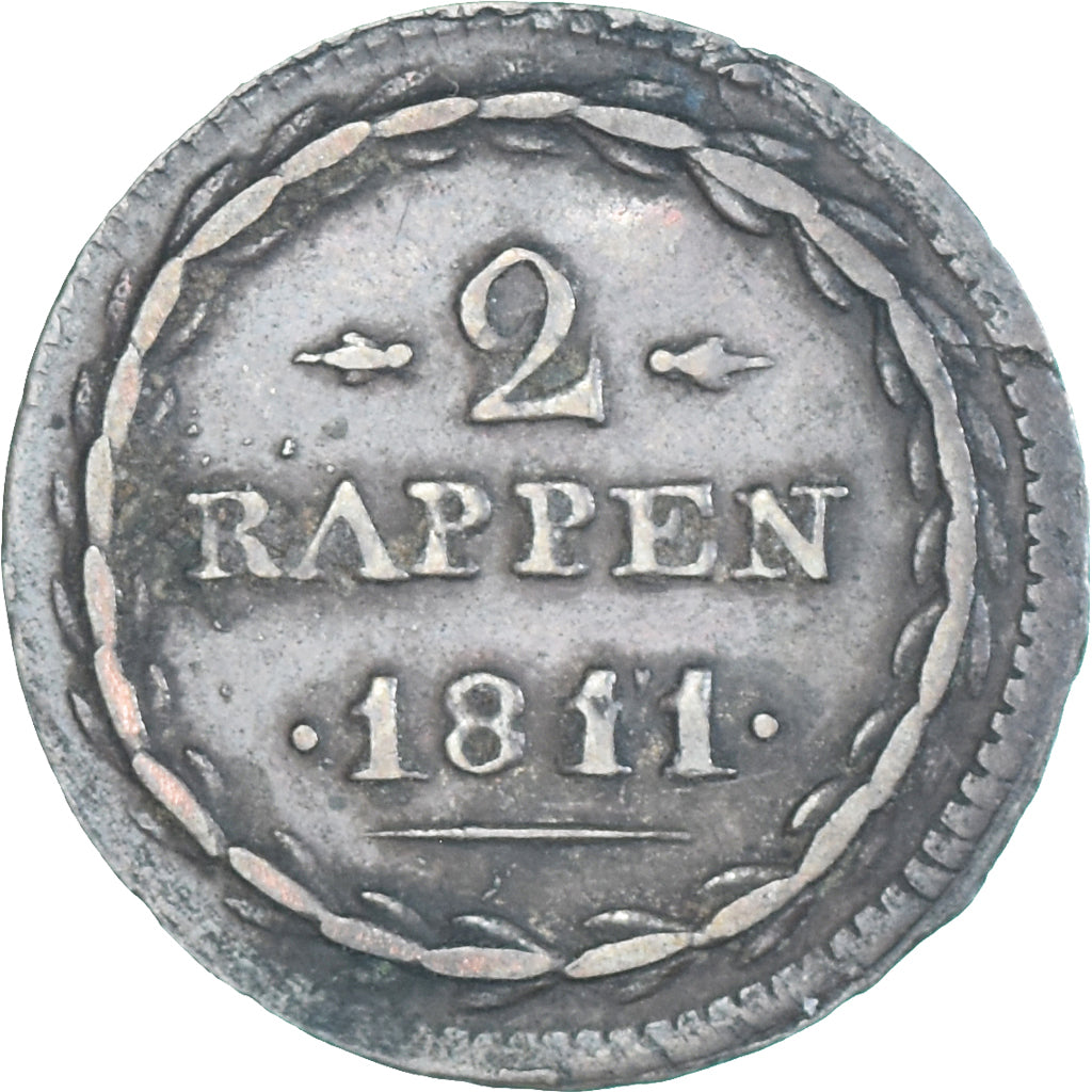 Münze, SWISS CANTONS, AARGAU, 2 Rappen, 1811, SS, Billon