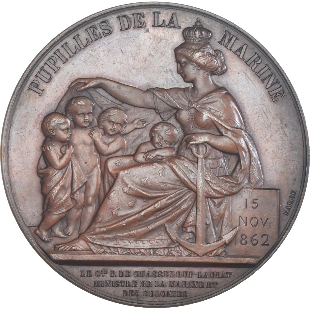 France, Medal, Napoléon III,  Pupilles de la Marine, History, 1862, Barre
