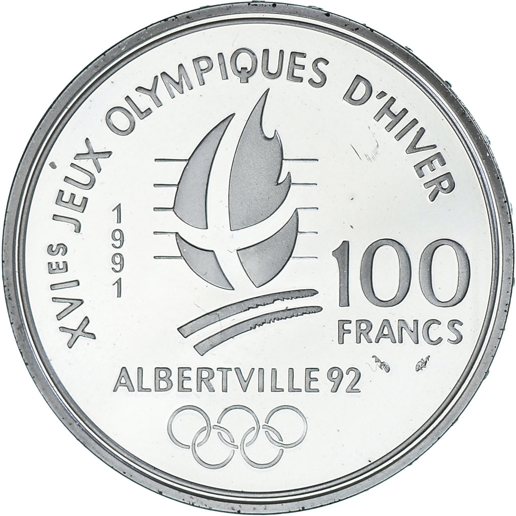 Monnaie, France, Albertville 92, saut à ski, 100 Francs, 1991, BE, SPL, Argent