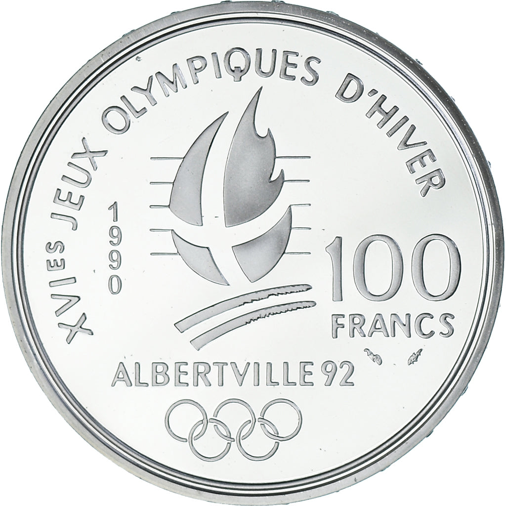 Coin, France, Bobsleigh, 100 Francs, 1990, Proof / BE, MS(65-70), Silver